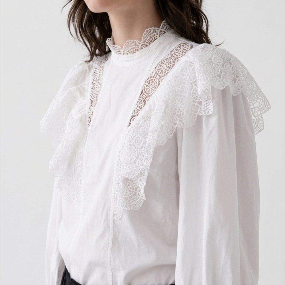 Ganni White Cotton Poplin Lace-Trim Button Down Blouse